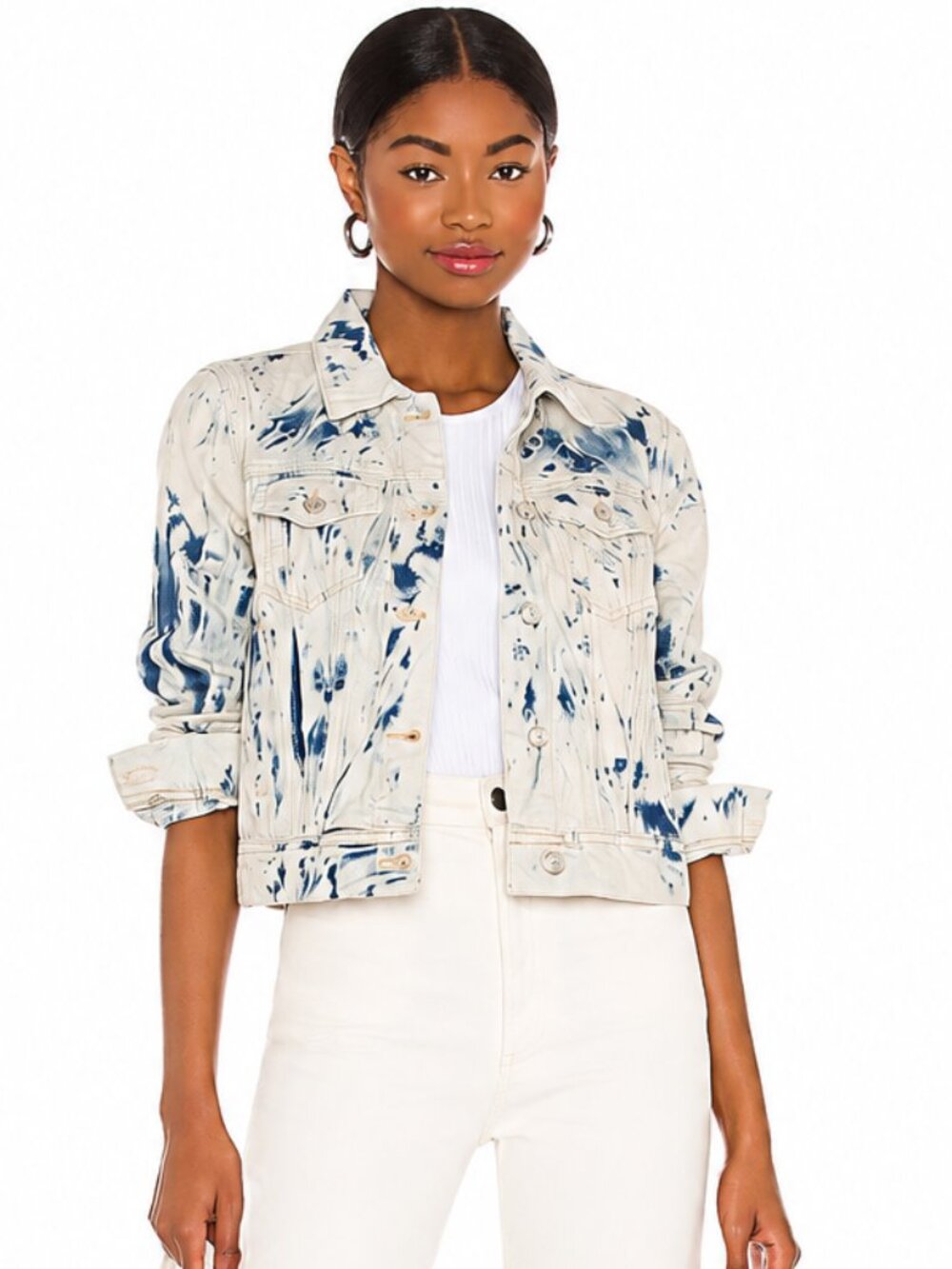 Free People Rumors Denim Jacket Blue White Tie Dye Jean Jacket M NWT